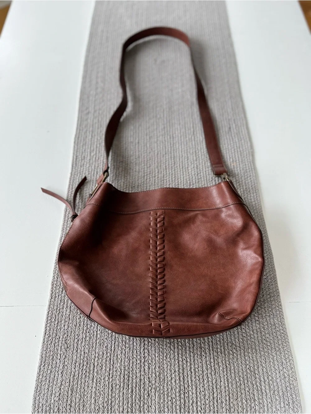 Vintage Cognac Brown Braided Vegan Leather Brass Rings Satchel Hobo Bag Purse